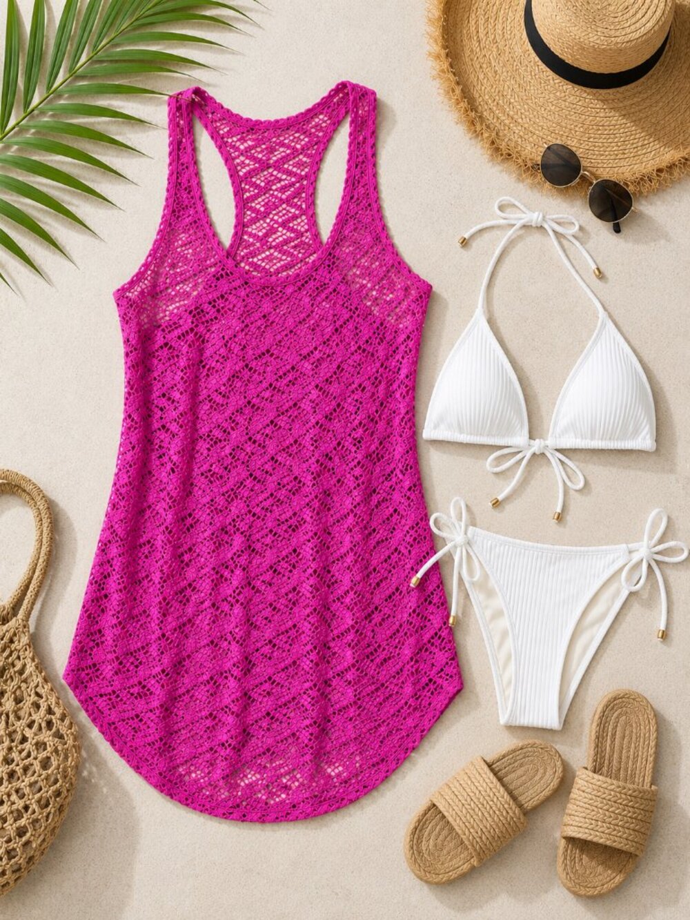Hot Pink Crochet Swim Cover Up Y2K Beach Tunic | Small